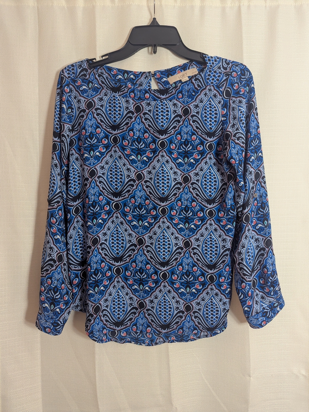 LOFT Blue Geometric Floral Long-Sleeve Tee with Pink Accents